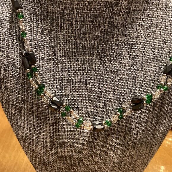 Hematite, Green and Clear Crystal Open Lariat Necklace with Black Bangle - Picture 7 of 8